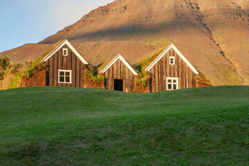 Old icelandic village of wooden turf houses, and workshop at the Skogar Museum in Iceland