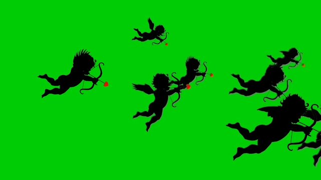 Group of cupid angel silhouette flying from left to the right frame on green screen. Concept of valentine's day and love symbol.