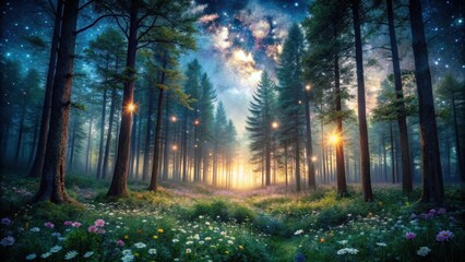 Fototapeta premium Dark, moody forest with a multitude of wildflowers and stars shining through the canopy above , stars, woodland, stars