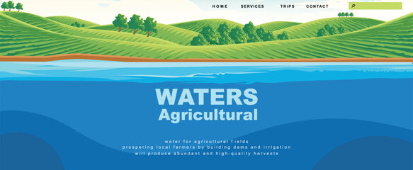 landing page template with a serene rural landscape background with a river flowing through lush green fields