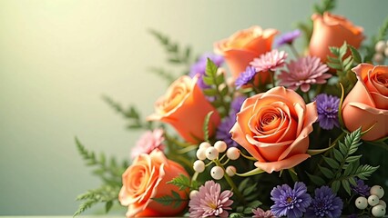 Elegant Bouquet of Peach Roses with Mixed Floral Arrangement and Soft Green Background