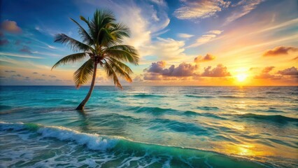 Sunlit palm tree silhouetted against turquoise ocean , sunset, wave,  sunset, wave, palm, scenery, sea