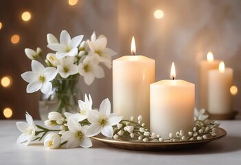 A close-up of lit candles surrounded by white flowers and a blurred background of warm lights