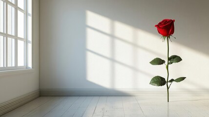 Single red rose in a white room, isolated subject with stark contrast emphasizing simplicity
