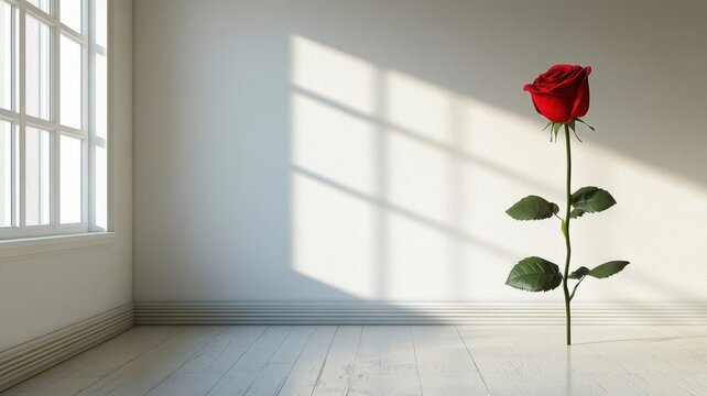 Single red rose in a white room, isolated subject with stark contrast emphasizing simplicity
