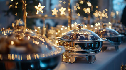 A beautifully arranged buffet features shining serving dishes filled with a variety of treats