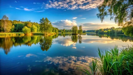 Fototapeta premium Beautiful serene lake landscape view across the water