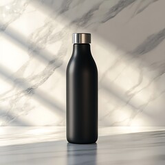 A sleek black bottle with a silver lid, standing in front of a white marble countertop with soft light reflecting off it