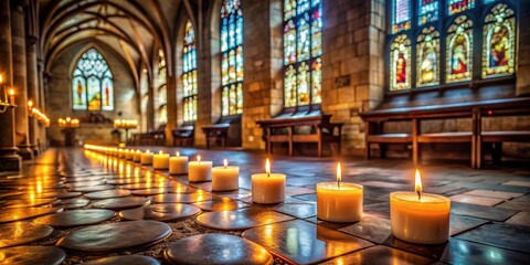 Obraz premium Softly glowing candles illuminate the stone floor and stained glass windows of a historic church