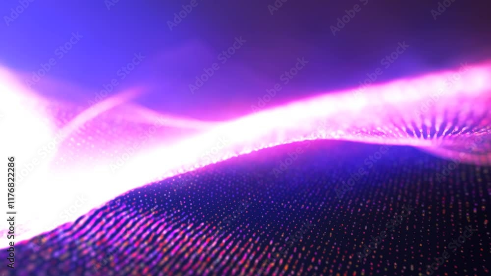 Poster abstract purple and blue digital wave pattern, creating a vivid and energetic visual with a blend of