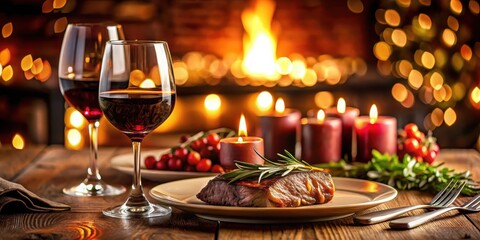A romantic dinner for two on a candlelit table with a grilled steak and red wine, set against a warm and cozy background , candlelit table, romantic dinner
