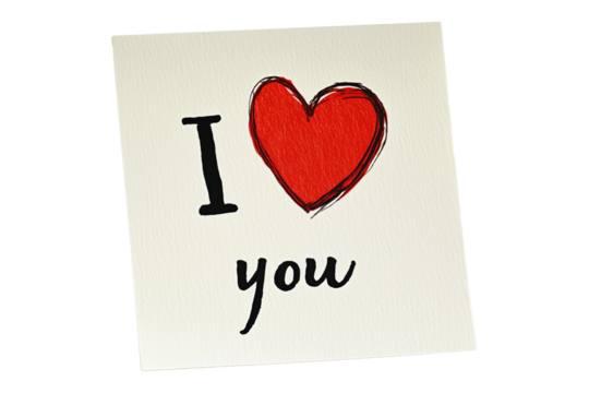 Hand drawn red heart sketch with I Love You text below placed on a yellow textured paper isolated on white transparent background. Concept of love and affection