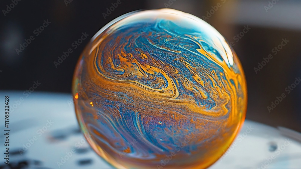 Poster abstract colorful sphere with swirling paint patterns.