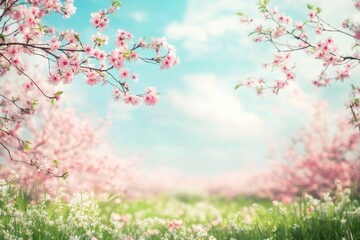 Fototapeta premium Beautiful cherry blossom framing a field of wildflowers in spring