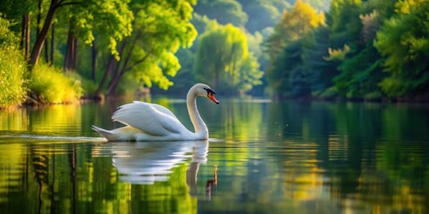 Fototapeta premium A elegant swan floats majestically on the calm surface of a tranquil lake surrounded by towering trees and lush green foliage in the background, swan, artistic landscape