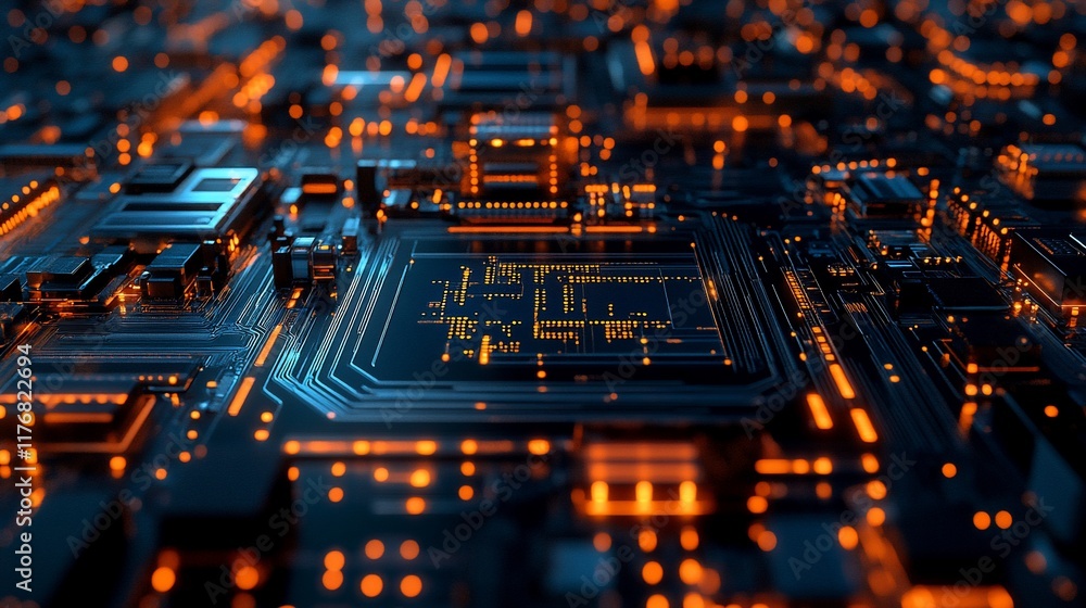 Poster close-up of a complex circuit board with glowing orange components.