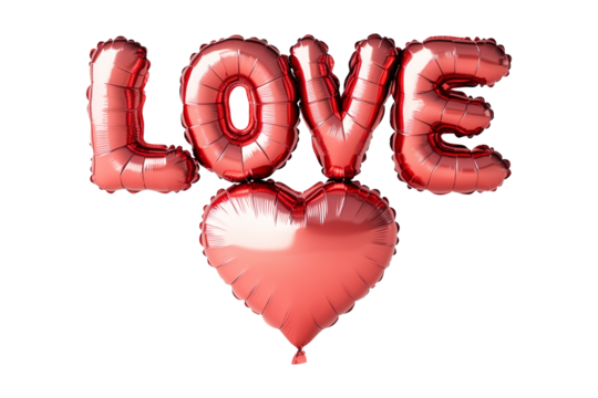 Shiny red foil balloon letters forming the word LOVE isolated on white transparent background. Romantic celebration and Valentine's Day concept
