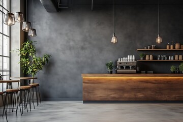 Modern cafe interior with empty wall wooden counter