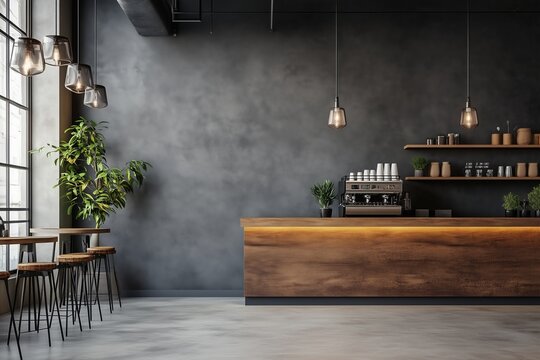 Modern cafe interior with empty wall wooden counter