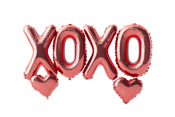 Shiny red foil balloon letters forming the words XO XO isolated on white transparent background. Romantic celebration and Valentine's Day concept