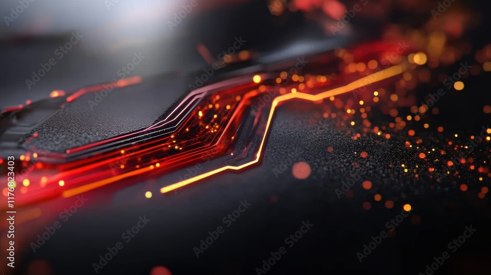 Poster futuristic circuit board with glowing red and orange lights in abstract design