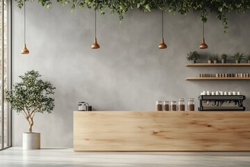 Modern cafe interior with empty wall wooden counter