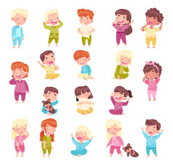 Sleepy Little Boy and Girl Wearing Pajamas Get Ready to Bed Vector Set