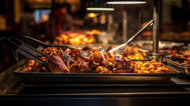 Delicious variety of roasted meats displayed at a buffet dinner in cozy restaurant ambience
