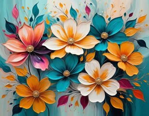 A close-up of a colorful abstract flower painting