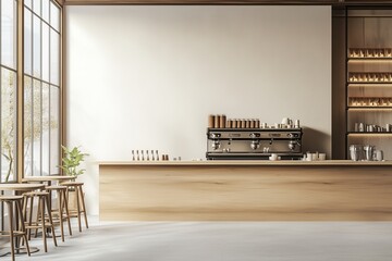 Modern cafe interior with empty wall wooden counter