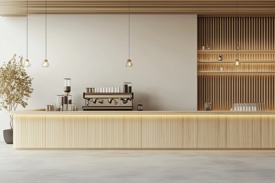 Modern cafe interior with empty wall wooden counter