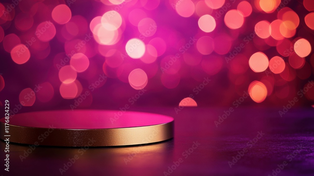 Poster a matte gold table surface with bright ruby red and magenta bokeh softly glowing in the background, 