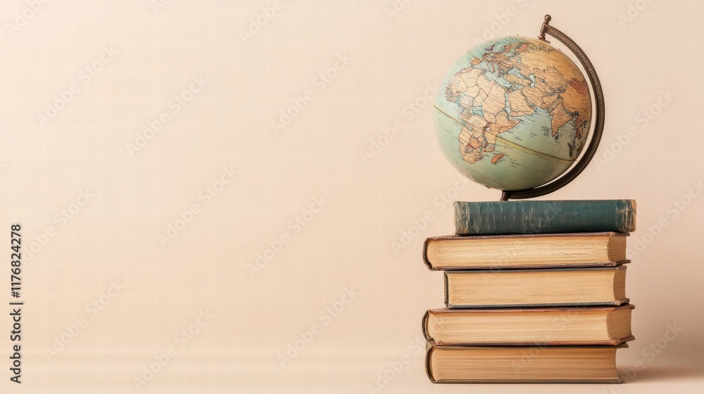 Poster classic globe on top of stacked travel guidebooks suggesting adventures around the world. generative