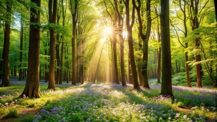 Obraz premium Bunch of blooming greenery in a forest clearing with sunlight filtering through trees , flowers, forest, flowers