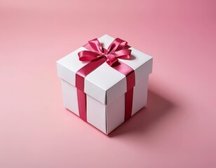 Fototapeta premium A floating gift box wrapped in a pink ribbon on a pink background