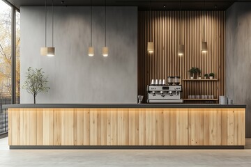 Modern cafe interior with empty wall wooden counter