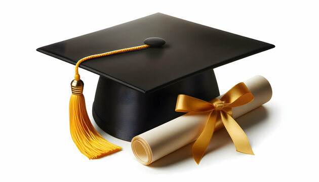 Education A black graduation cap with a bright yellow tassel placed at an angle, with a rolled diploma tied wi1