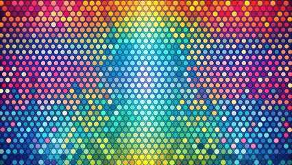 Geometric dots on a colorful background with a repeating pattern of small squares and triangles forming a mosaic-like effect, small squares, geometric patterns