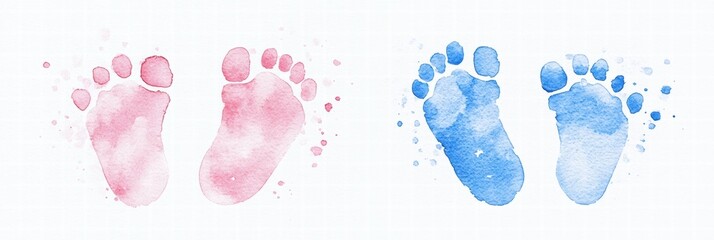 Welcome baby boy watercolor artwork featuring pink and blue baby footprints. Generative AI
