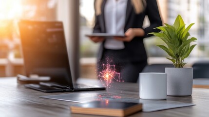 Businesswoman in office interacting with futuristic hologram display on desk