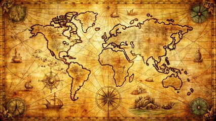 Fototapeta premium Ancient map with yellowed parchment texture, showing cryptic symbols and markings, surrounded by intricate sea creatures and navigation instruments, navigation instruments, cryptic symbols