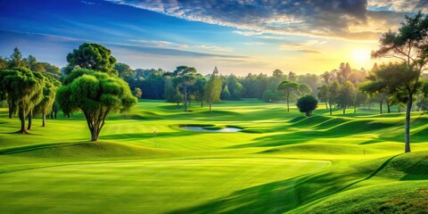 Naklejka premium lush green grass on a golf course with a few scattered trees and a distant golf hole, nature, golf course