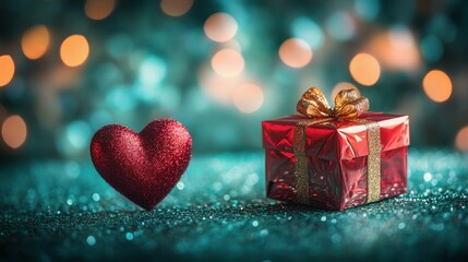 Fototapeta premium A small translucent red gift box with scattered gold glitter inside, placed on a solid emerald-green surface, with a glowing teal and ruby heart bokeh background and subtle warm floodlights