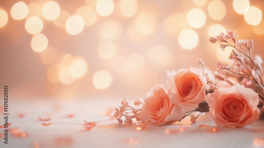 Poster a soft cream-colored table with warm peach and champagne bokeh lights in the background, creating a 