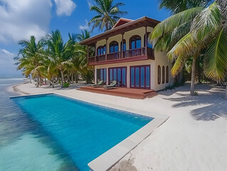 Fototapeta premium Tropical Beach House Poolside Illustration