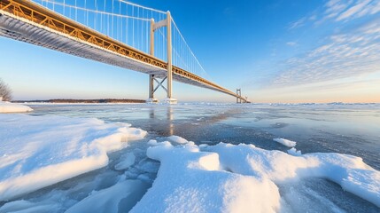 Suspension bridge, winter sunrise, icy river, frozen landscape, travel