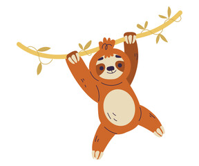 Funny Sloth Animal Character Hang on Liana Vector Illustration
