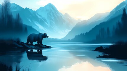 A bear , creating a peaceful wildlife scene, book illustration style