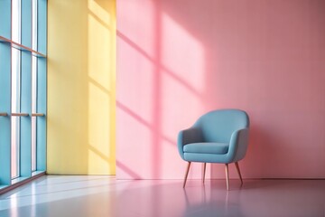 Fototapeta premium Modern Minimalist Interior with Pastel Pink Wall, Yellow Accents, and Blue Armchair for Creative Projects