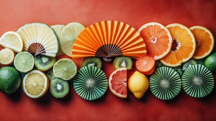 Colorful citrus fruit slices and paper fans on red background.